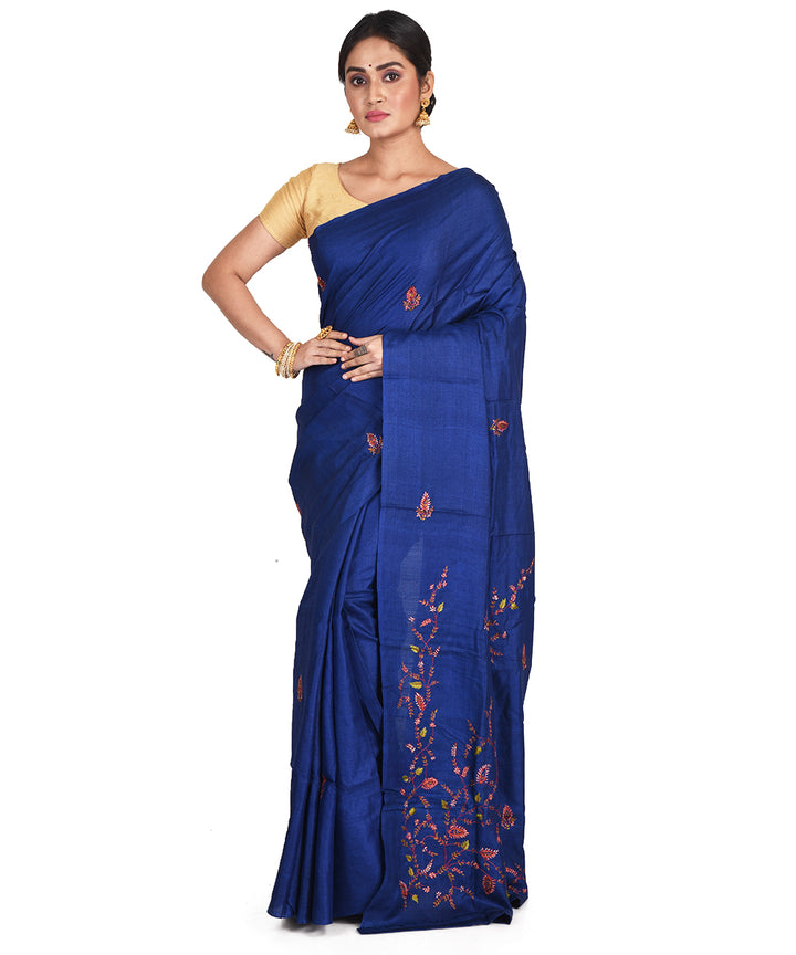 Navy blue hand embroidery kantha stitch tussar silk bengal sari