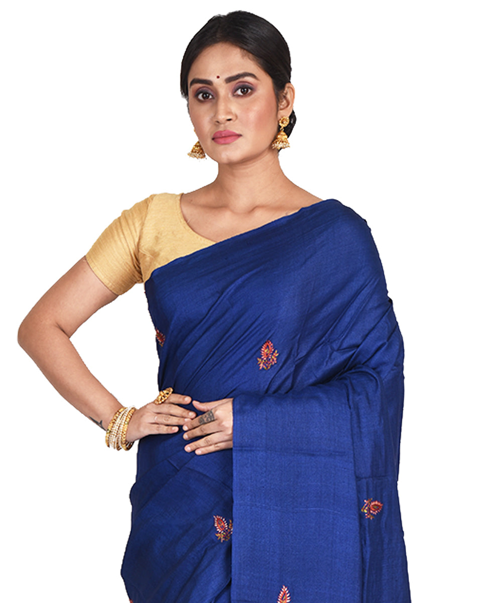 Navy blue hand embroidery kantha stitch tussar silk bengal sari