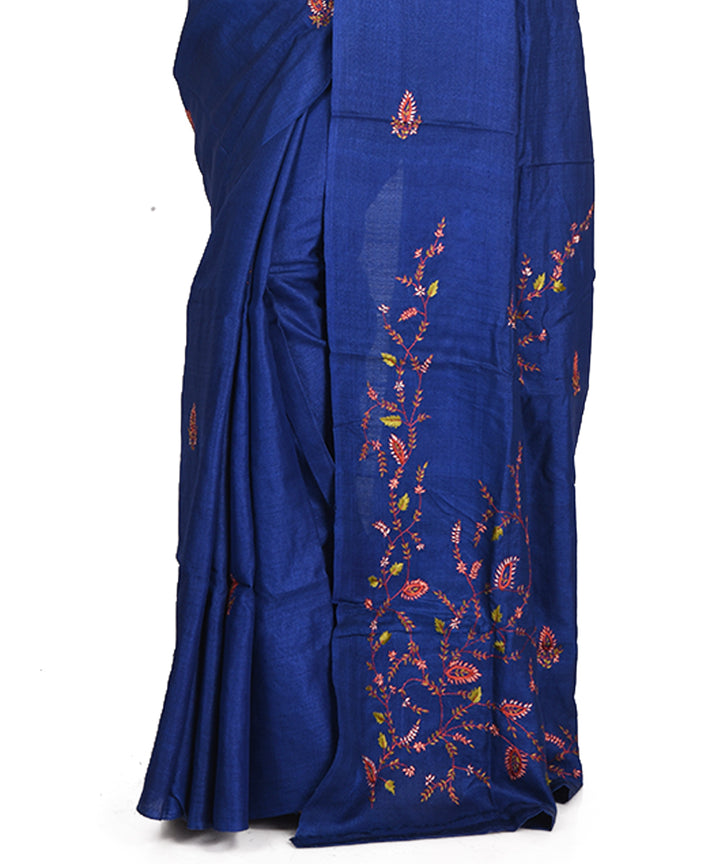 Navy blue hand embroidery kantha stitch tussar silk bengal sari