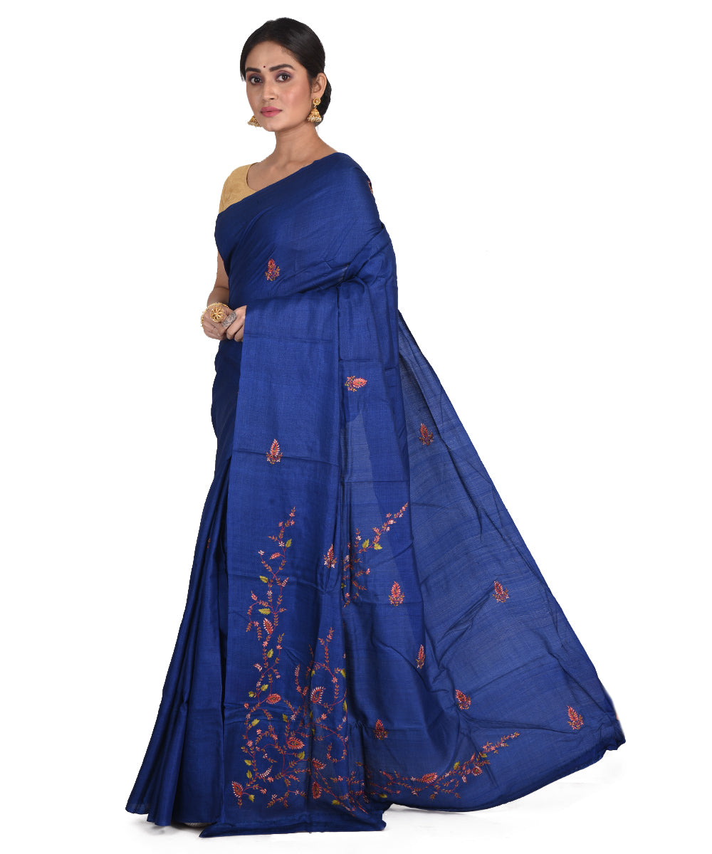 Navy blue hand embroidery kantha stitch tussar silk bengal sari