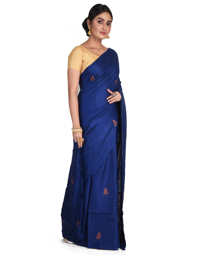 Navy blue hand embroidery kantha stitch tussar silk bengal sari
