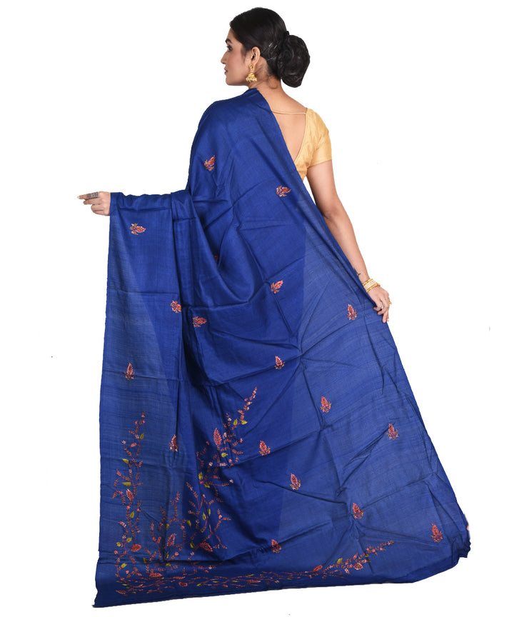 Navy blue hand embroidery kantha stitch tussar silk bengal sari