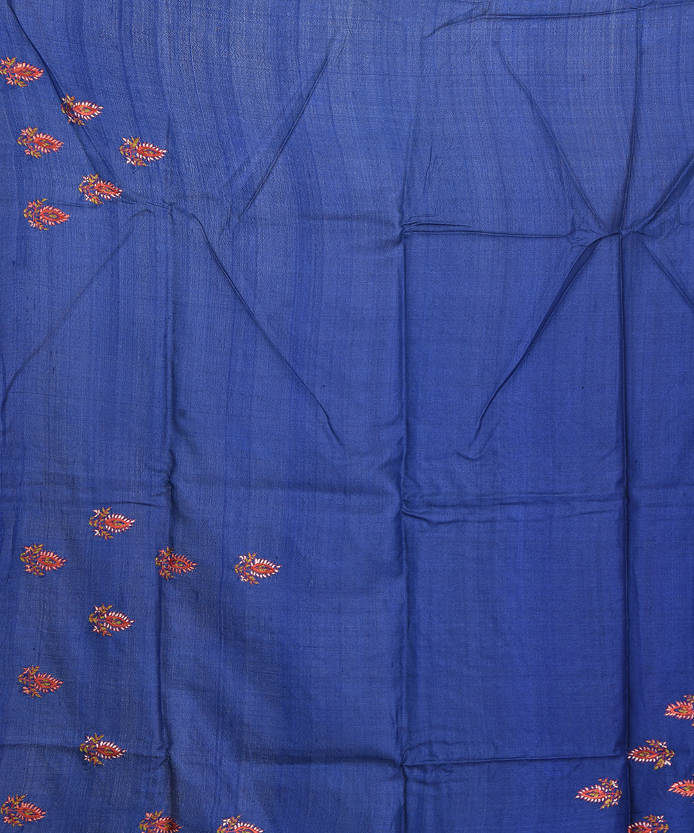 Navy blue hand embroidery kantha stitch tussar silk bengal sari