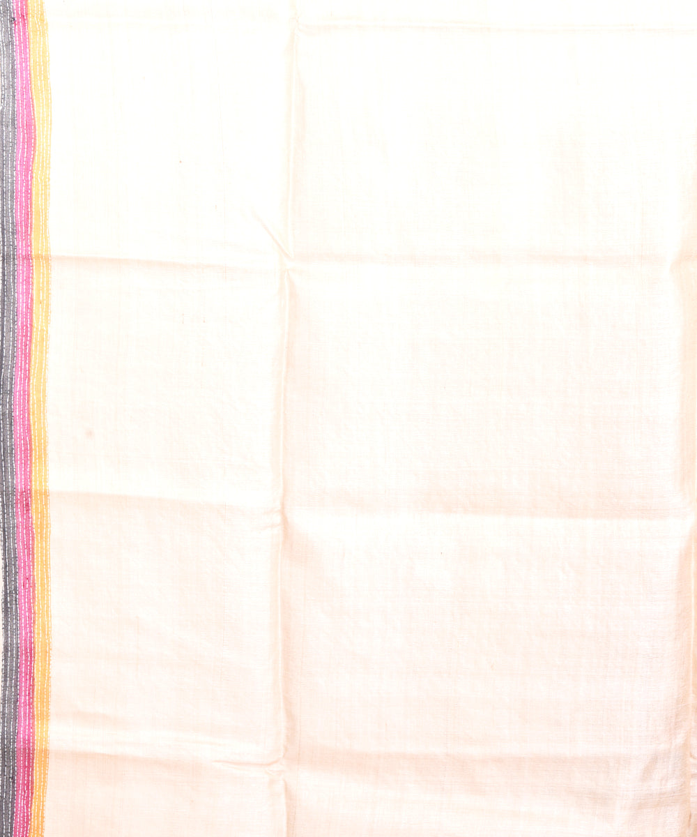Beige multicolor hand embroidery kantha stitch tussar sari
