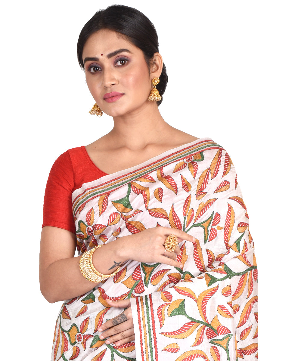 Multicolor hand embroidery kantha stitch silk bengal sari