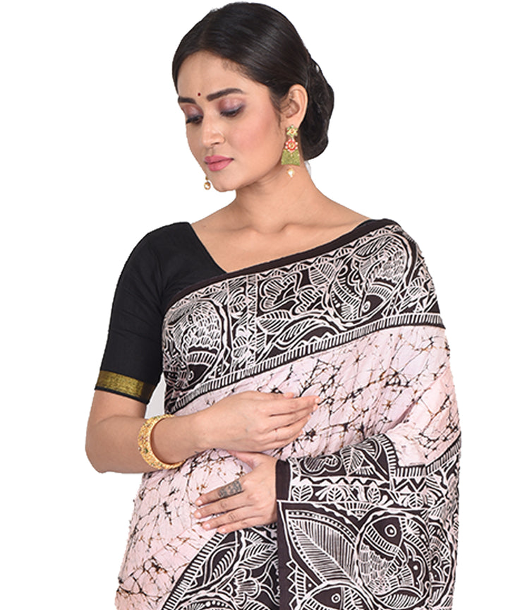 Beige black batik tie dyed silk bengal sari