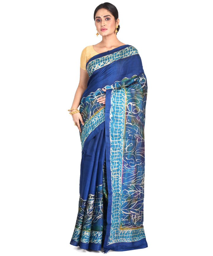 Navy blue batik tie dyed silk bengal sari