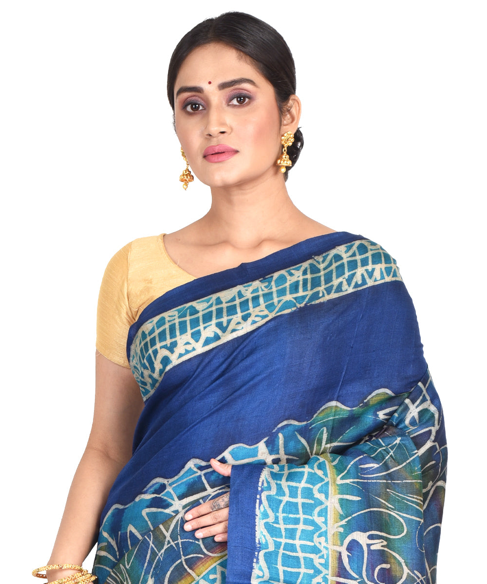 Navy blue batik tie dyed silk bengal sari