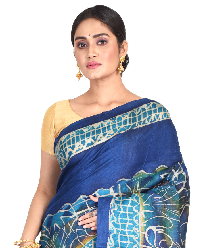 Navy blue batik tie dyed silk bengal sari