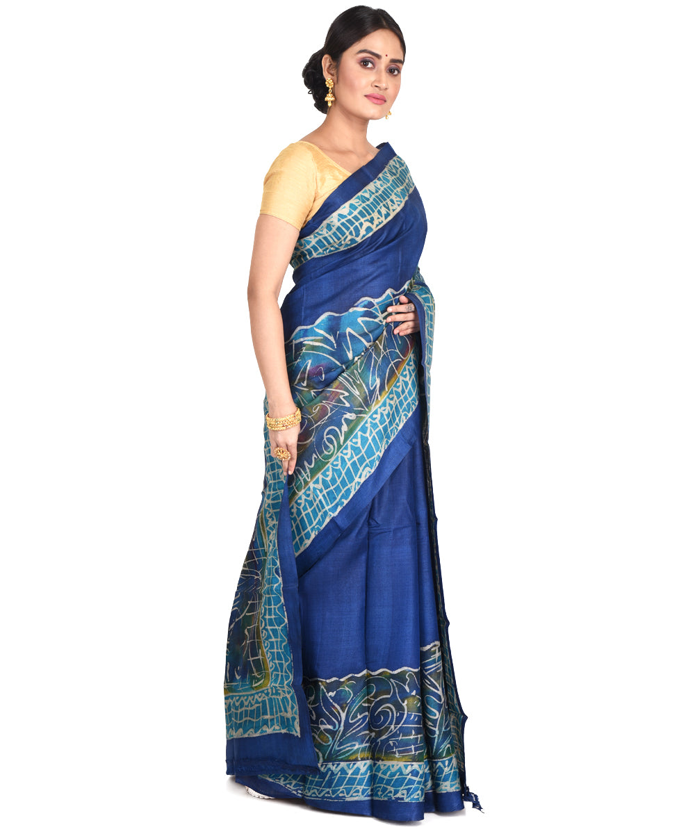 Navy blue batik tie dyed silk bengal sari