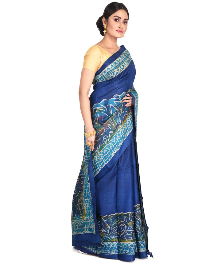 Navy blue batik tie dyed silk bengal sari
