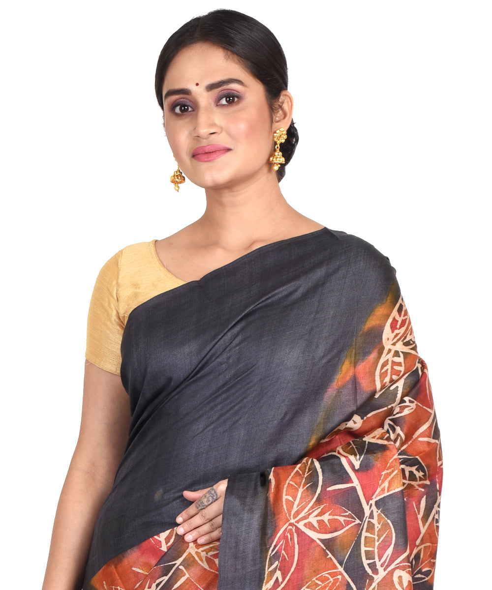 Multicolor chocolate batik tie dyed silk bengal sari