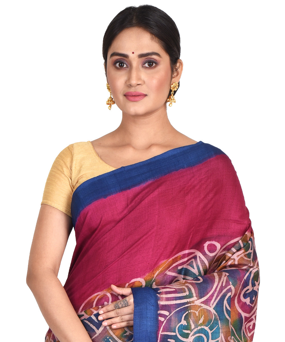 Pink multicolor batik tie dyed silk bengal sari