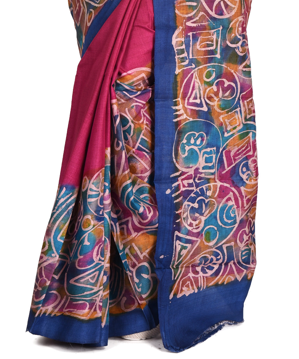 Pink multicolor batik tie dyed silk bengal sari
