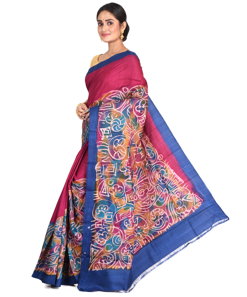 Pink multicolor batik tie dyed silk bengal sari