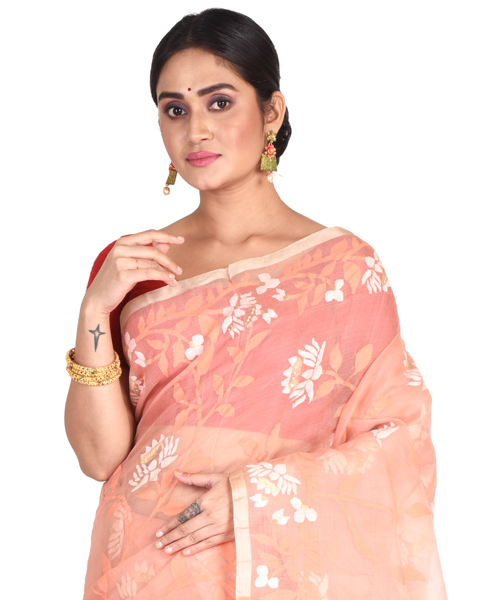 Peach handwoven bengal silk bengal jamdani sari