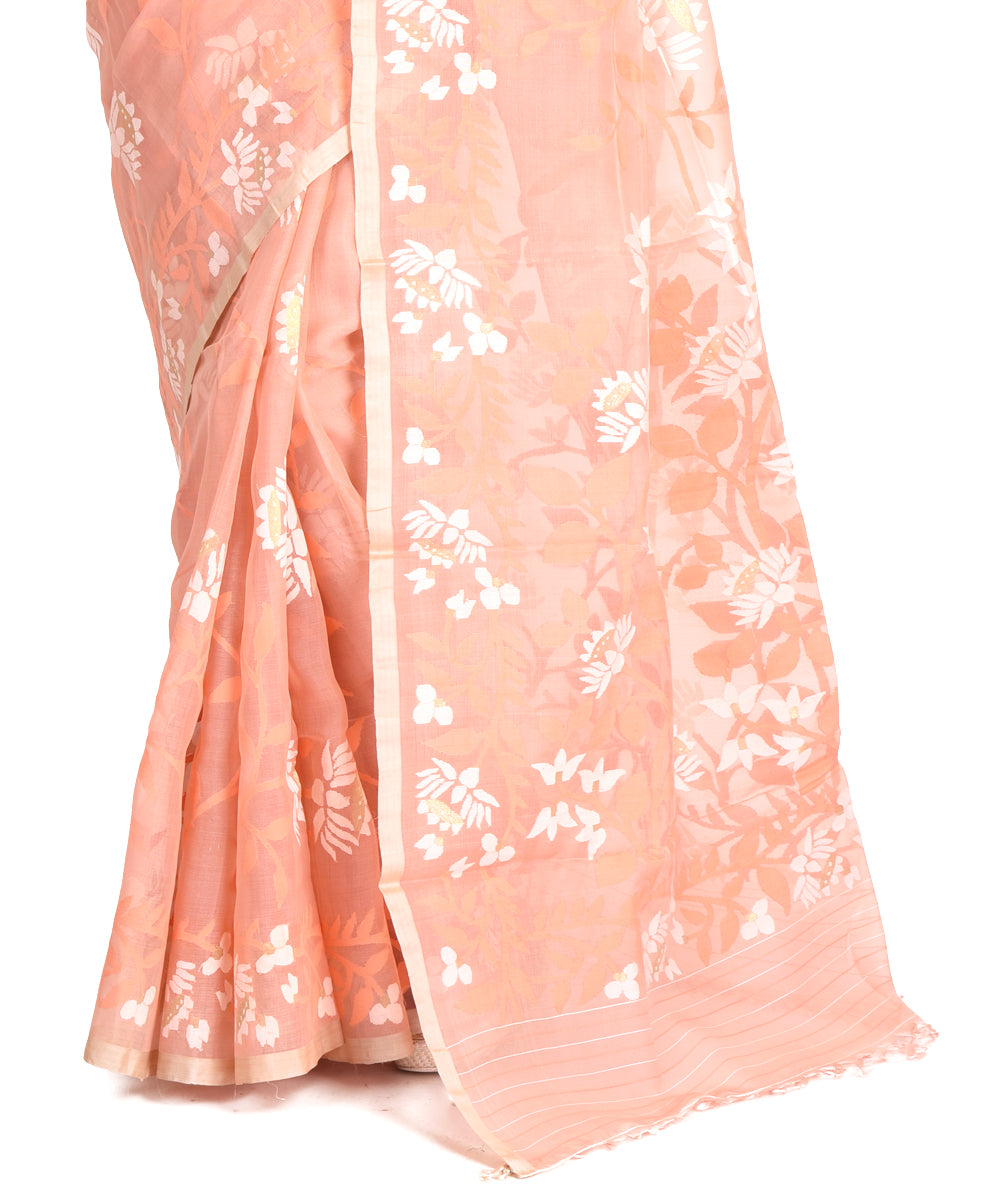 Peach handwoven bengal silk bengal jamdani sari