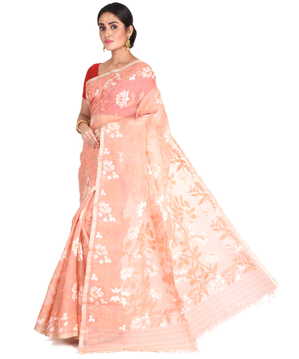 Peach handwoven bengal silk bengal jamdani sari