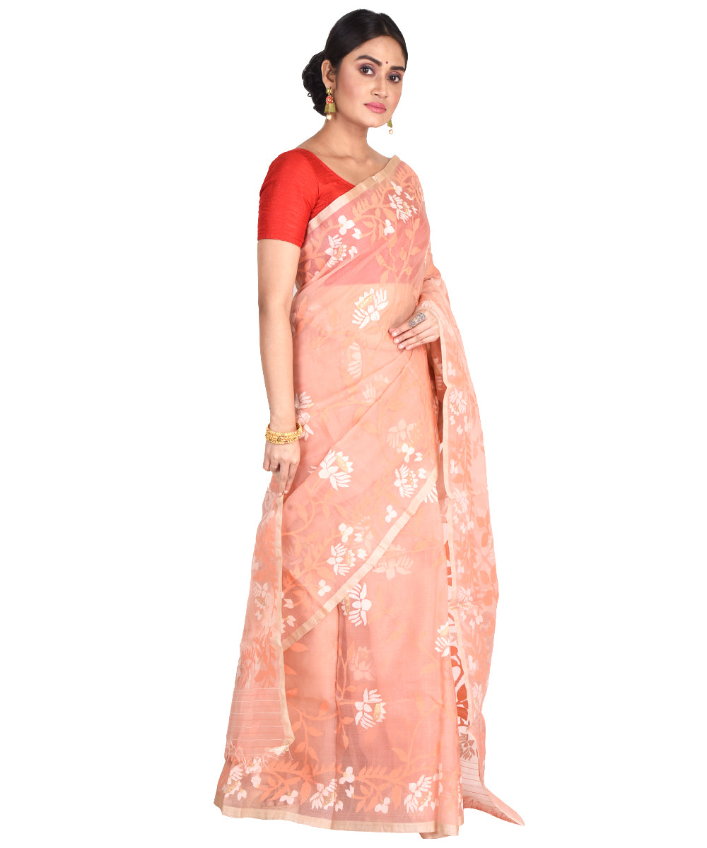 Peach handwoven bengal silk bengal jamdani sari