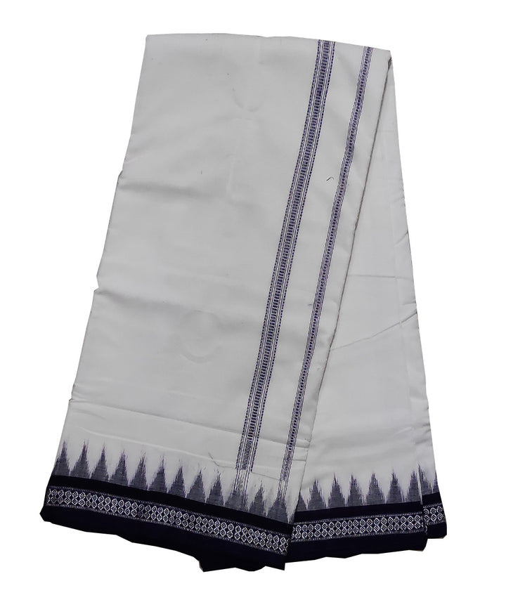 White and navy blue handwoven cotton sambalpuri dhoti