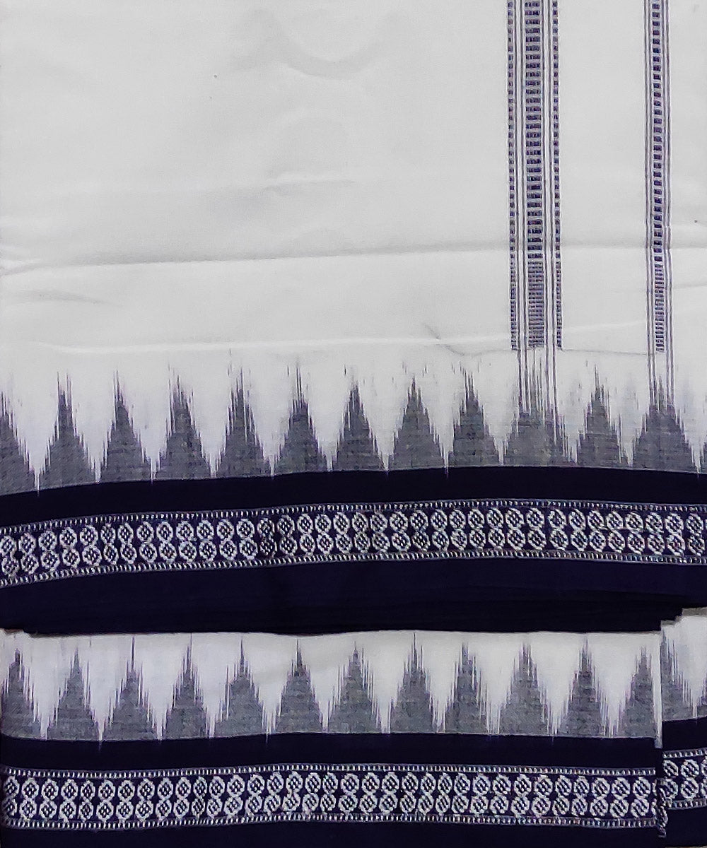 White and navy blue handwoven cotton sambalpuri dhoti
