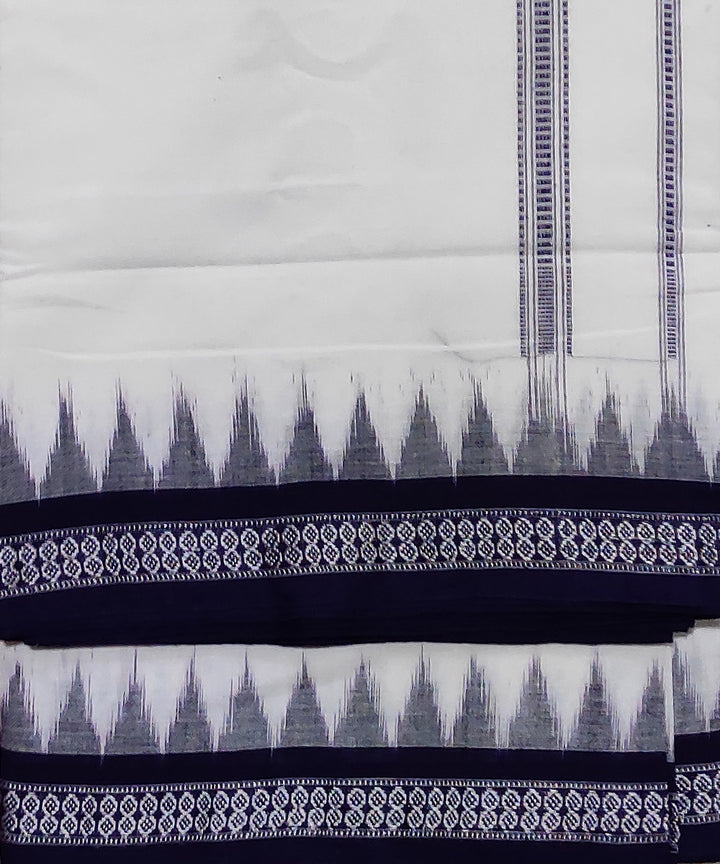 White and navy blue handwoven cotton sambalpuri dhoti