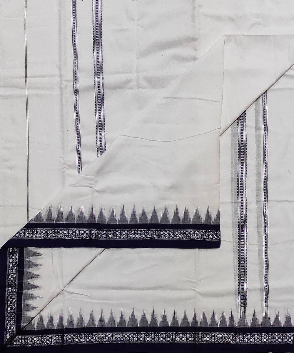 White and navy blue handwoven cotton sambalpuri dhoti