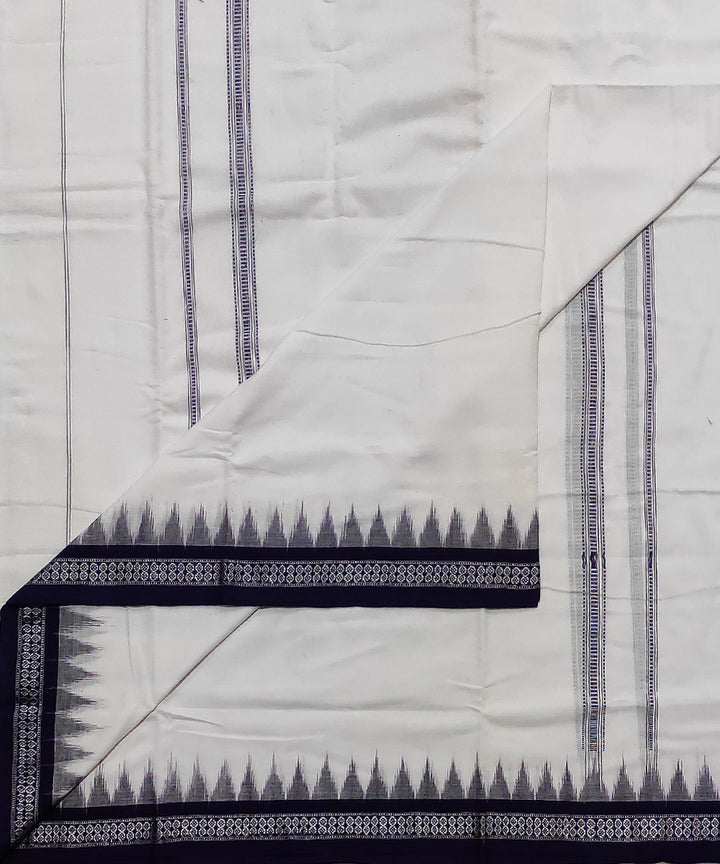 White and navy blue handwoven cotton sambalpuri dhoti