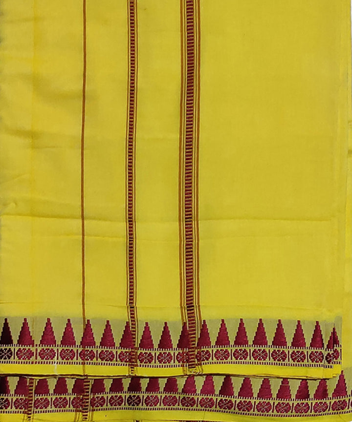 Yellow and maroon handwoven cotton sambalpuri dhoti