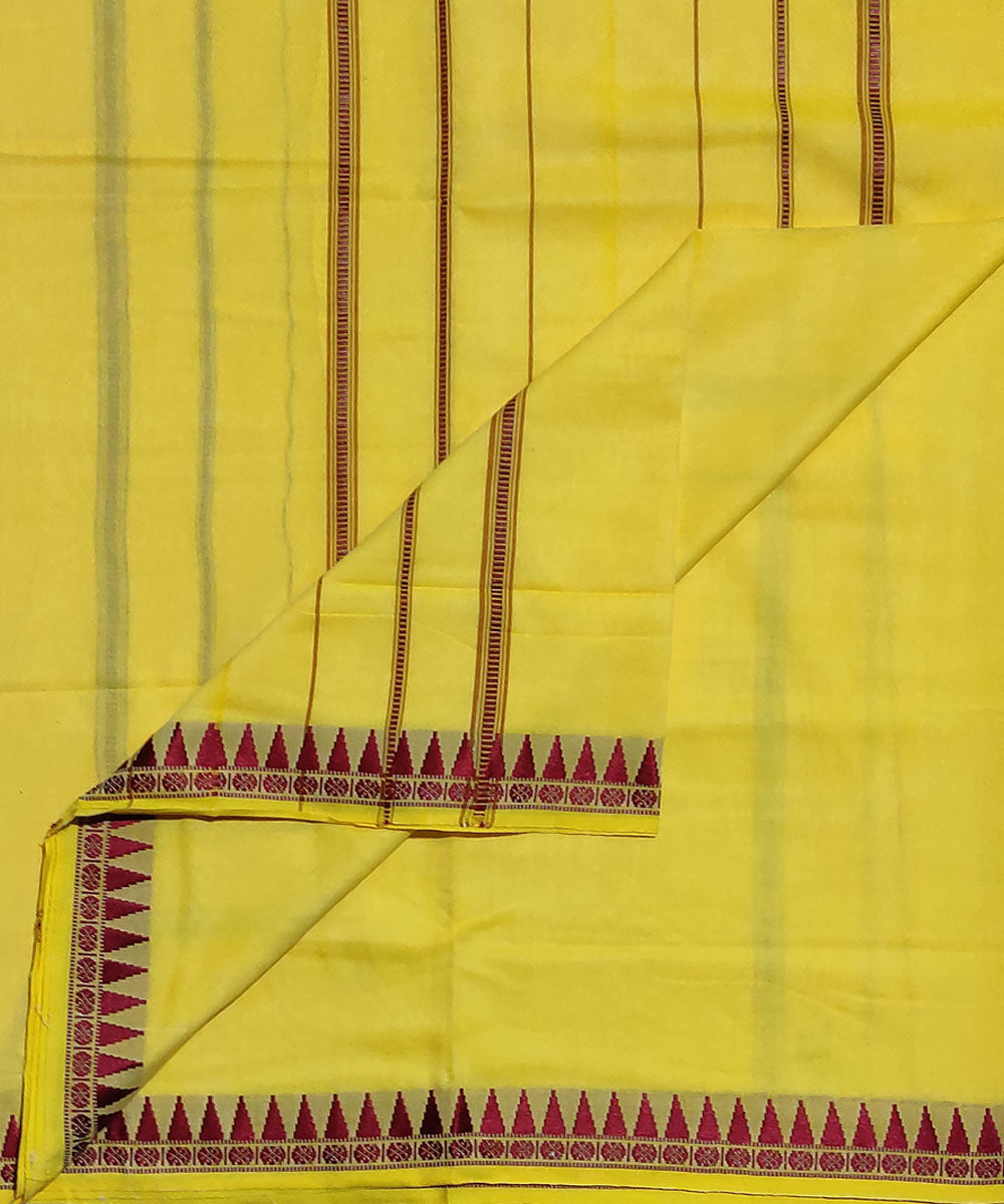 Yellow and maroon handwoven cotton sambalpuri dhoti
