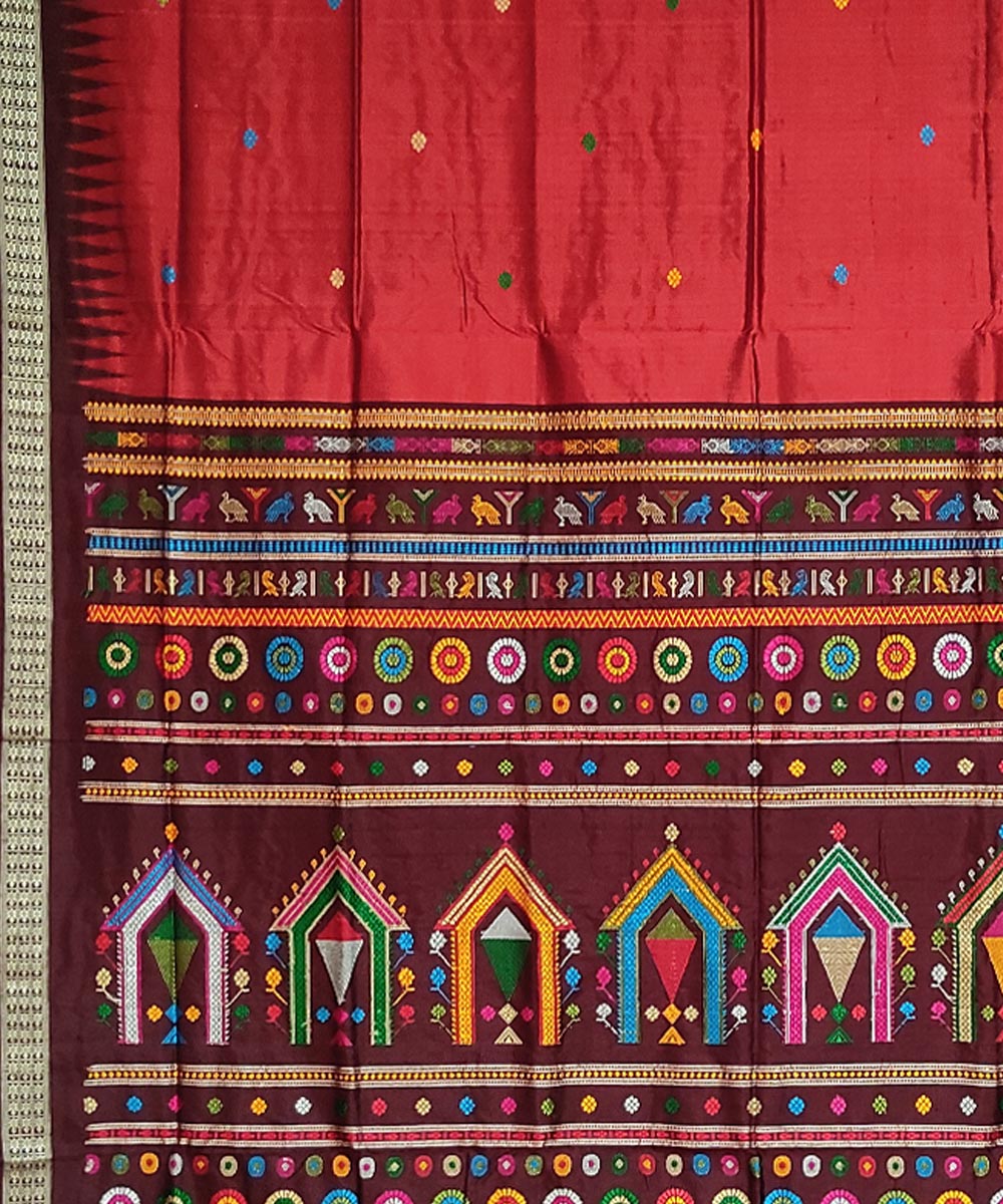 Red maroon handwoven silk dolabedi saree