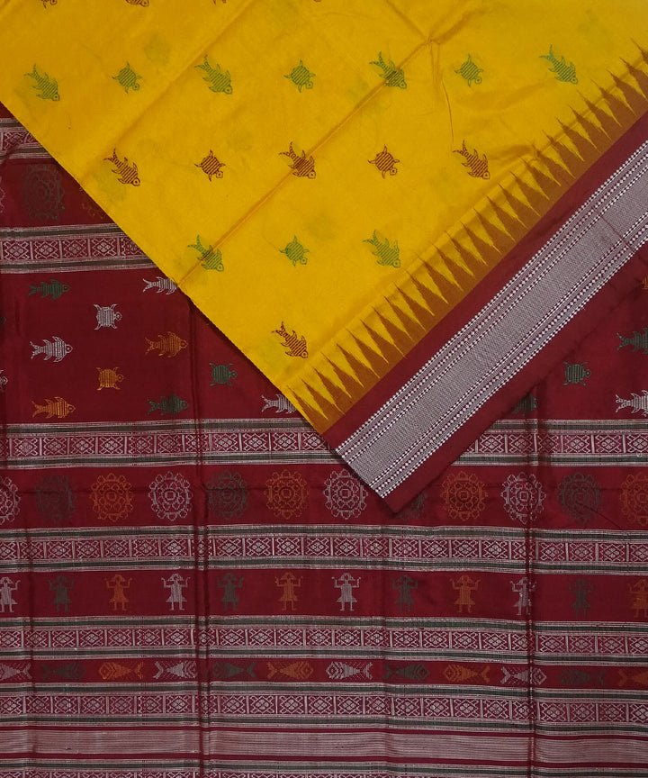 Yellow maroon handwoven silk dongoria saree