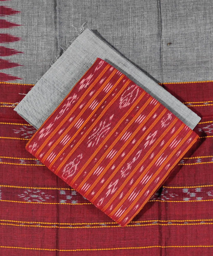 Red grey handwoven cotton sambalpuri ikat dress material