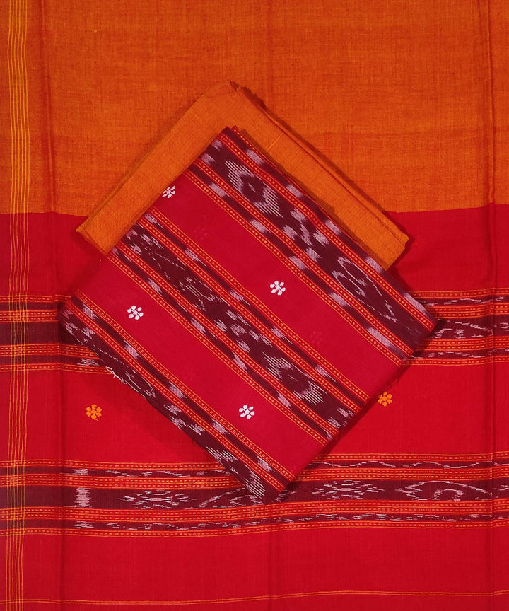 3pc Red orange handwoven cotton sambalpuri ikat dress material