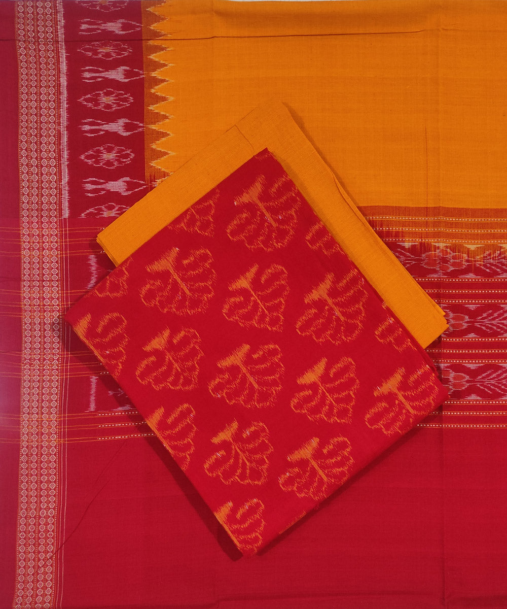 3pc Red yellow handloom cotton sambalpuri ikat dress material set