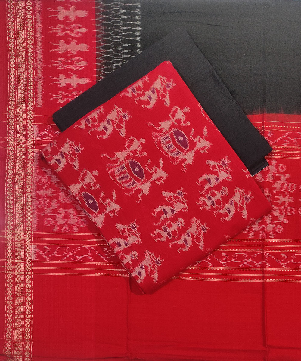 3pc Red black handloom cotton sambalpuri ikat dress material set – GoSwadeshi