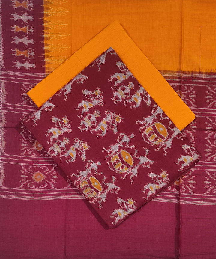 3pc Dark red yellow handloom cotton sambalpuri ikat dress material set