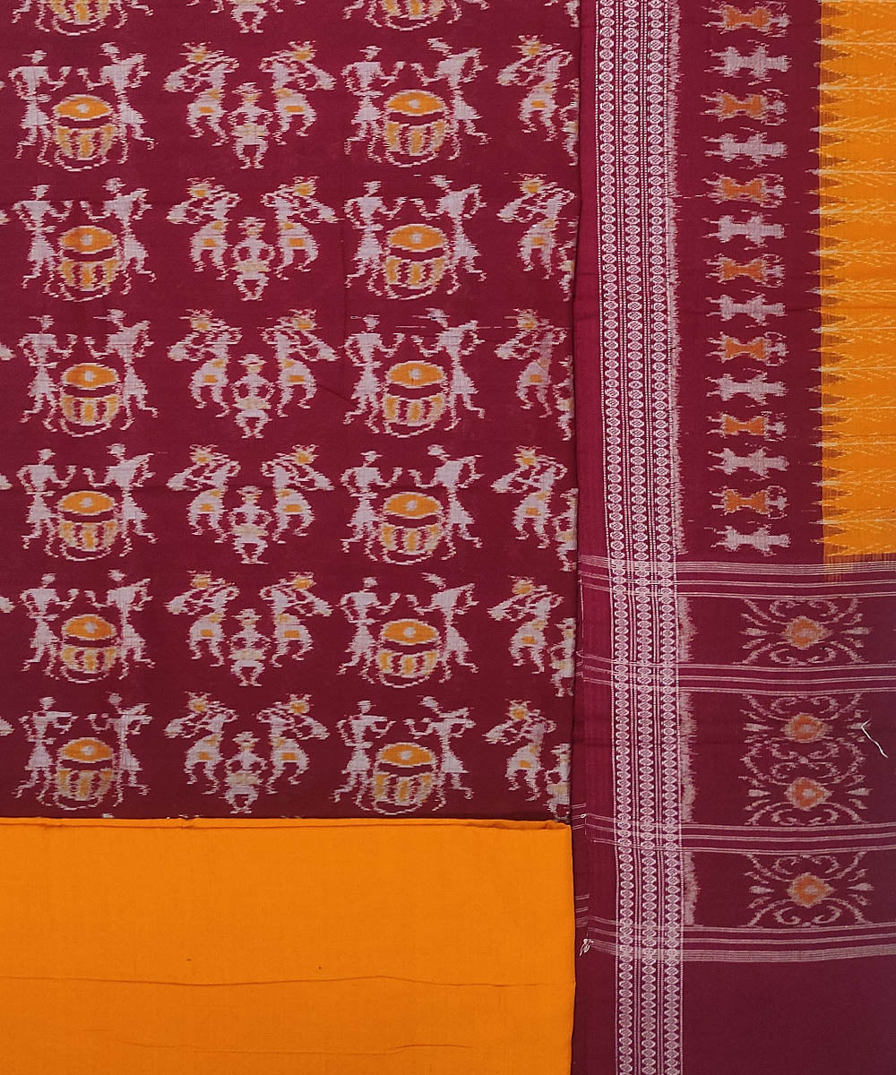 3pc Dark red yellow handloom cotton sambalpuri ikat dress material set