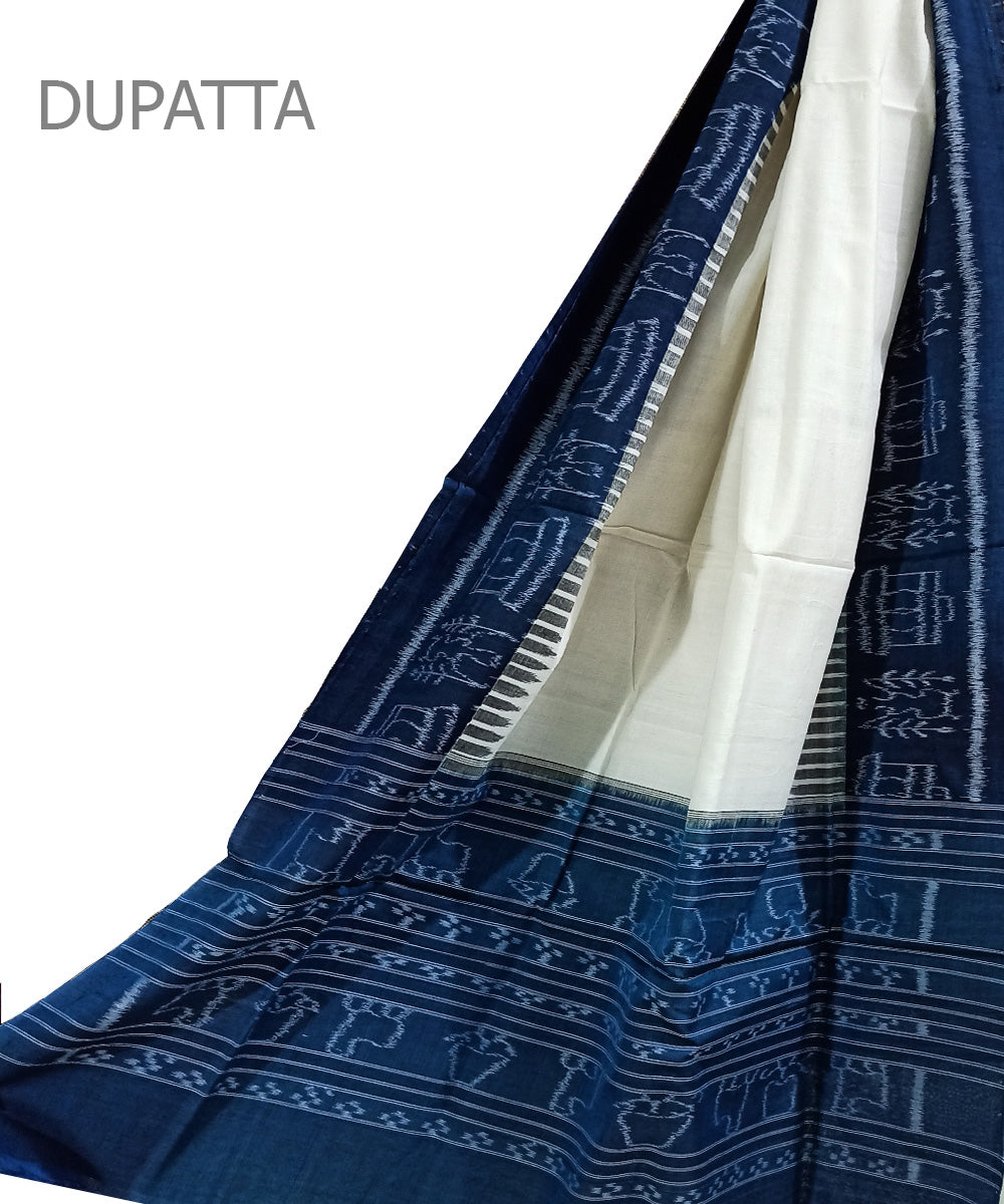 White indigo handwoven cotton sambalpuri dupatta