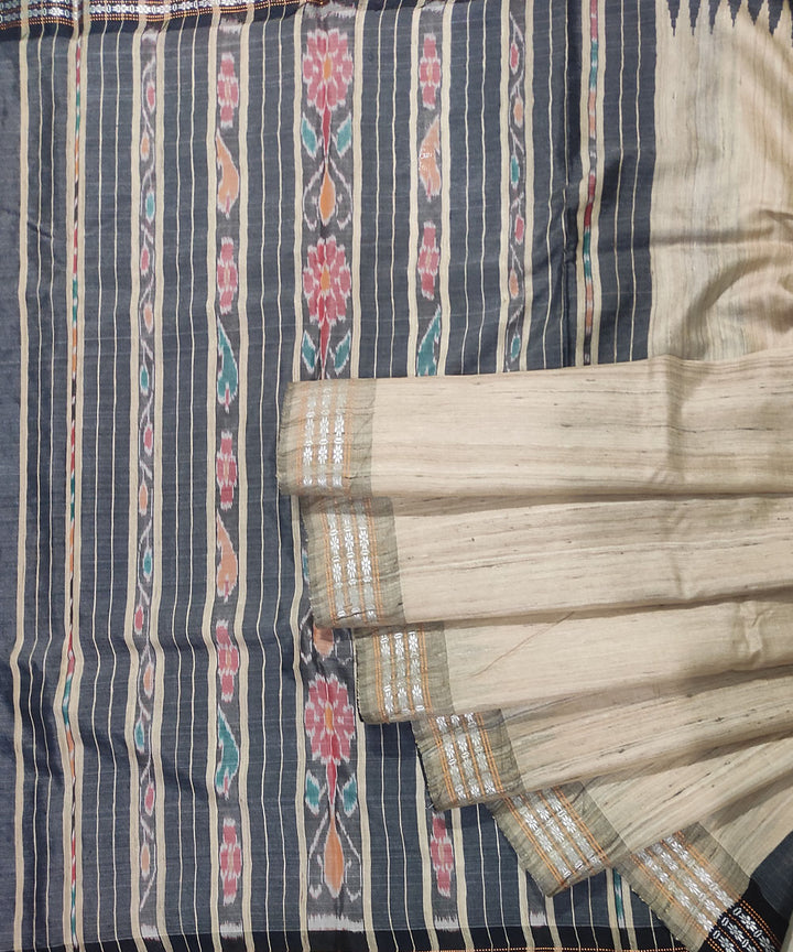 Beige black tussar silk handwoven sambalpuri odisha ikat saree