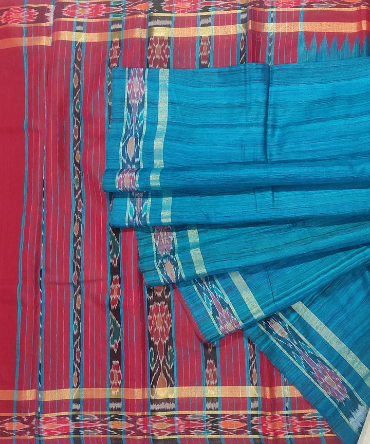 Sky blue maroon tussar silk handwoven sambalpuri odisha ikat saree