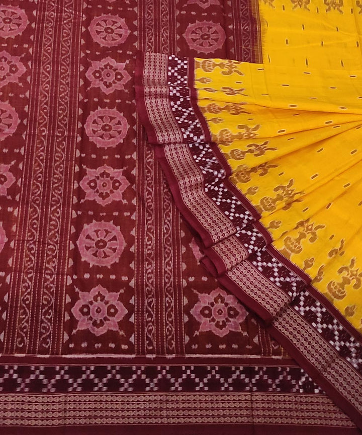 Yellow maroon handwoven cotton sambalpuri saree