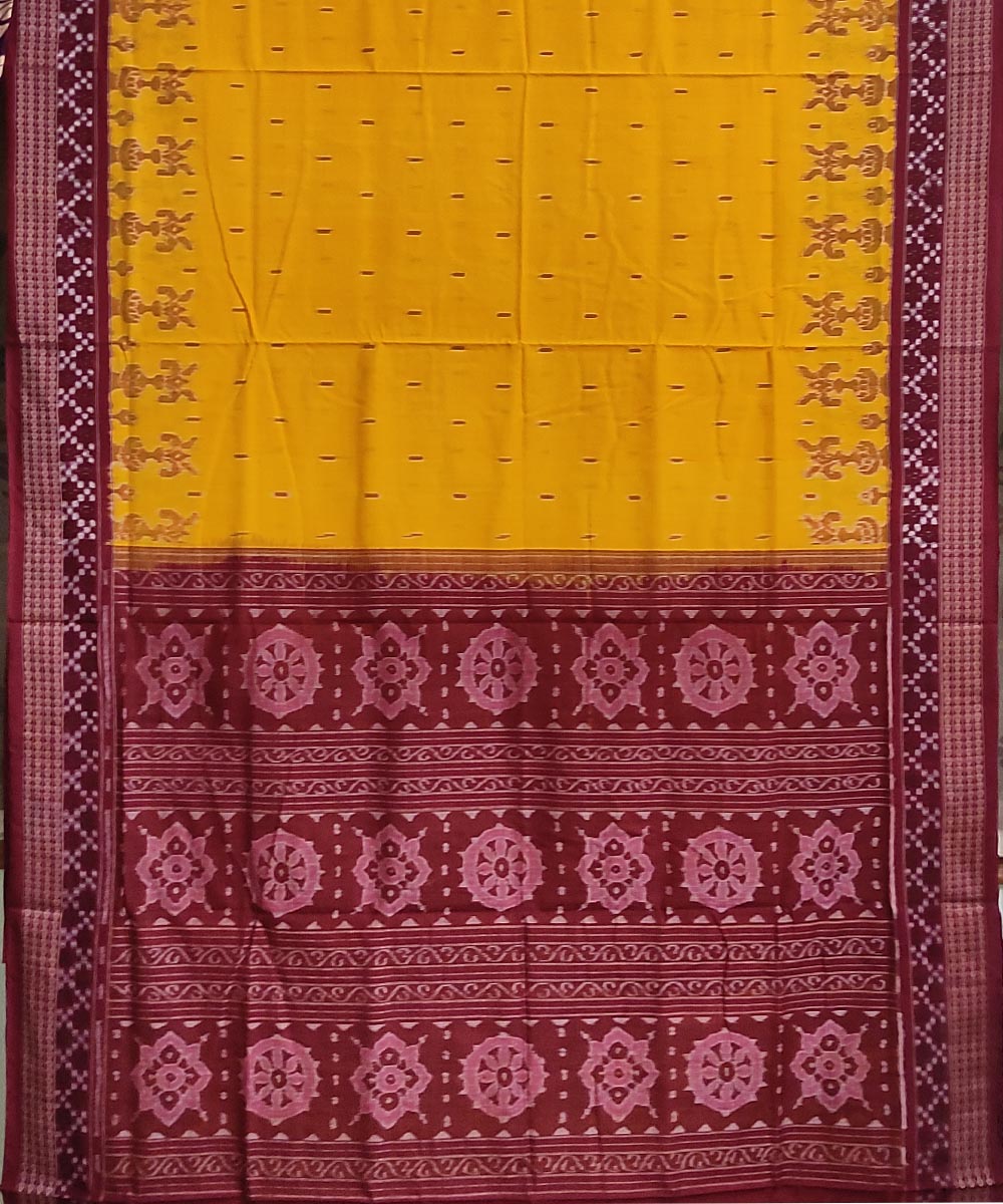 Yellow maroon handwoven cotton sambalpuri saree