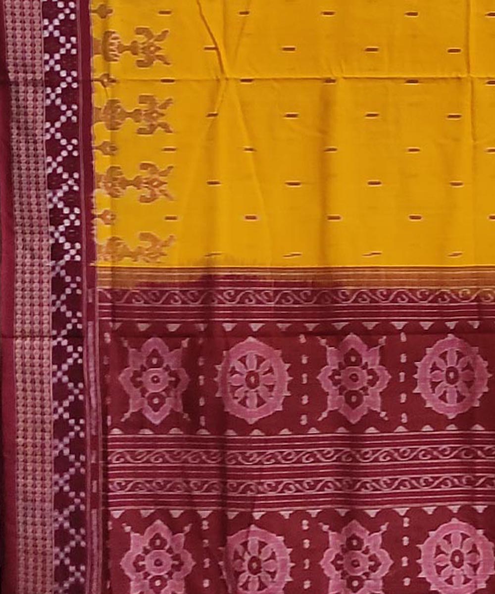 Yellow maroon handwoven cotton sambalpuri saree