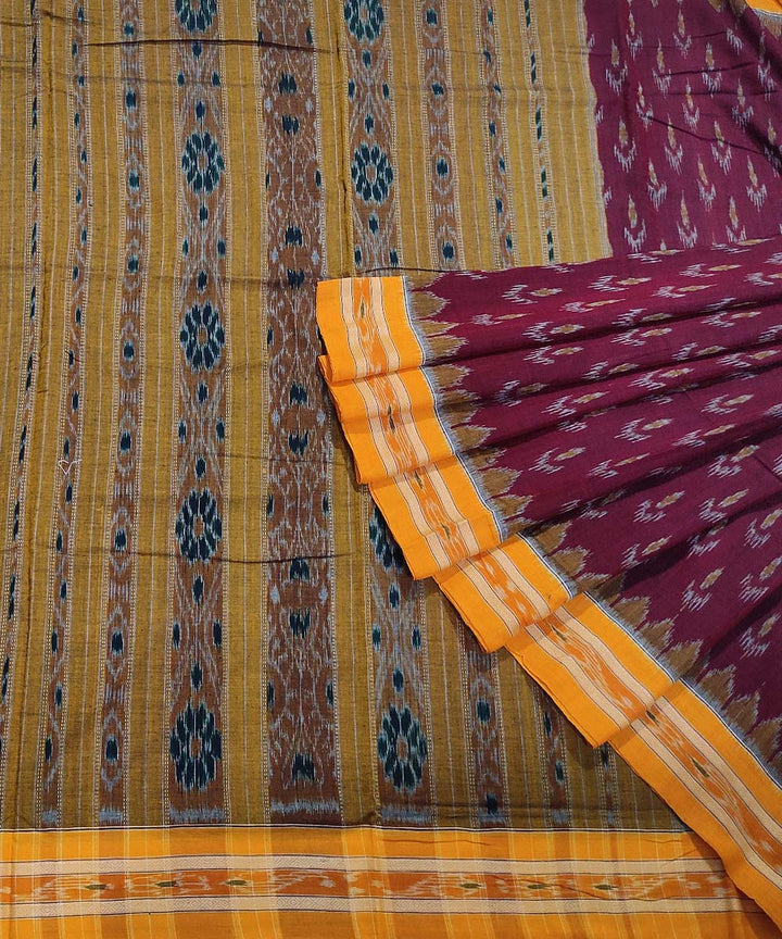 Maroon mustard handwoven cotton nuapatna saree