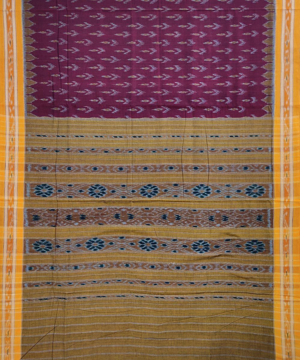 Maroon mustard handwoven cotton nuapatna saree