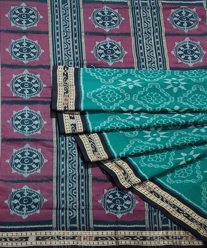 Cyan green red handwoven cotton sambalpuri saree