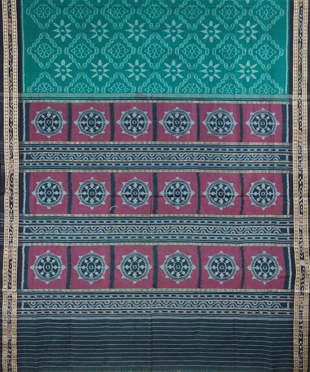 Cyan green red handwoven cotton sambalpuri saree