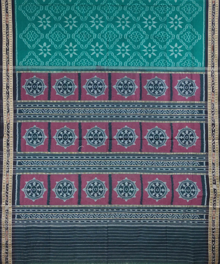 Cyan green red handwoven cotton sambalpuri saree