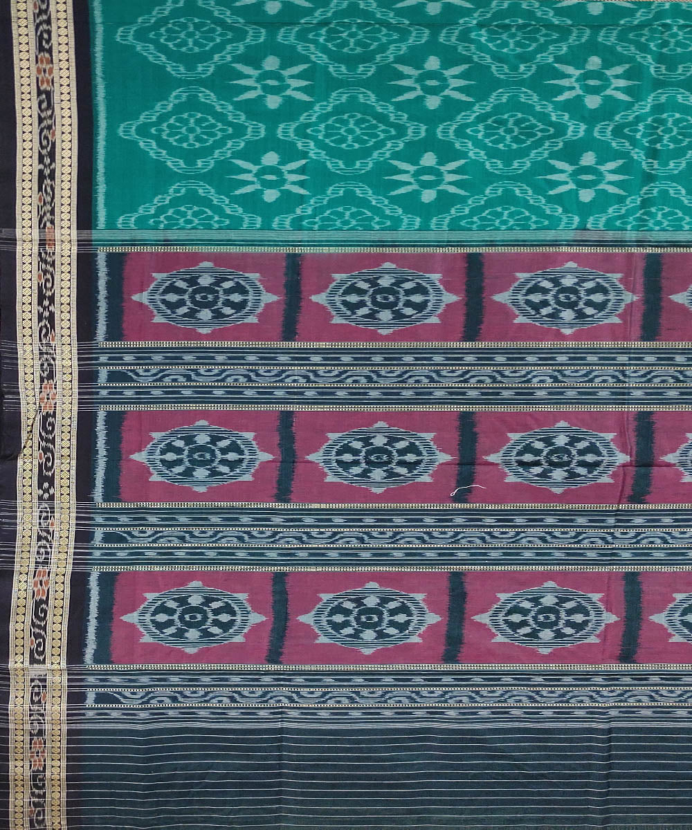 Cyan green red handwoven cotton sambalpuri saree